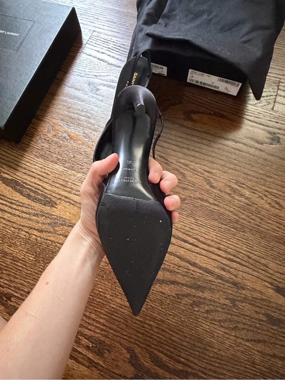 Saint Laurent Black Pointed Slingback Pumps with Silver Trim - Picture 7 of 15